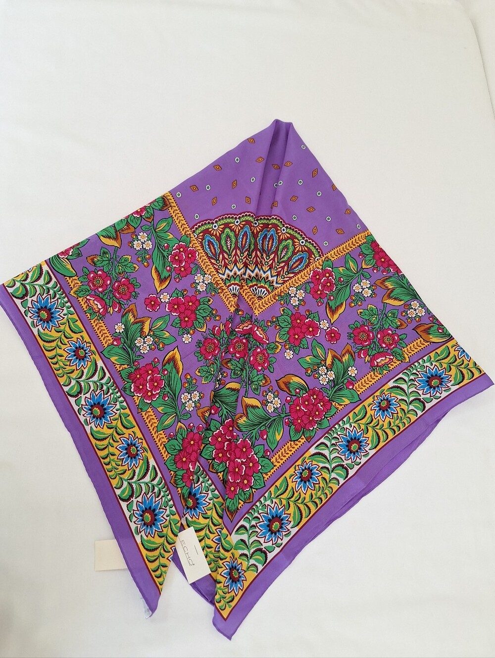 NWT Echo Purple Floral Border Silk-Feel Scarf with Pink & Green Accents
